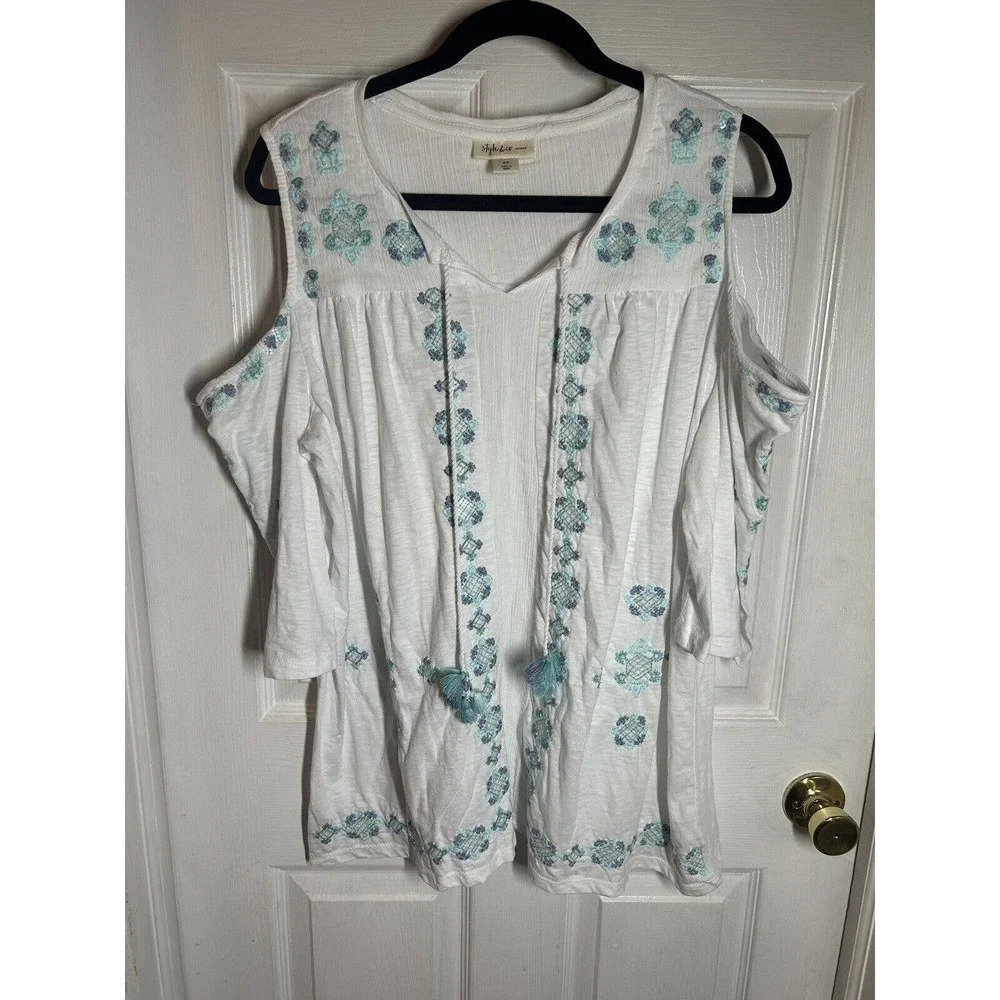 Style Co Women’s Cold-shoulder tunic top embroidered ethnic boho Slavic Size 2XL